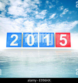 Blue and red shining squares with new 2015 year numbers on frosty cold winter background Stock Photo