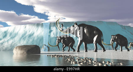 A herd of Woolly Mammoths encounter a huge glacier covering the Arctic territory. Stock Photo