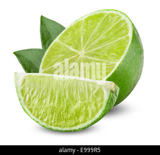 Lime with half and leaves isolated on white background. Clipping Path Stock Photo