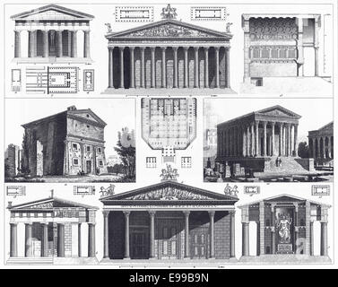 Engraved illustrations of Greek and Roman Temples from Iconographic Encyclopedia of Science, Literature and Art, 1851. Stock Photo