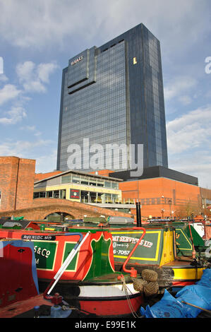 narrow boats moored in Gas Street Basin and the Hyatt Hotel, Birmingham, West Midlands, England, UK Stock Photo