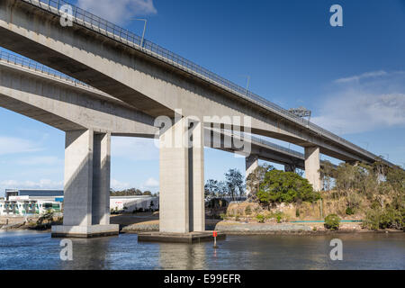 Brisbane Gateway Bridge viewed from the Brisbane River below. Stock Photo