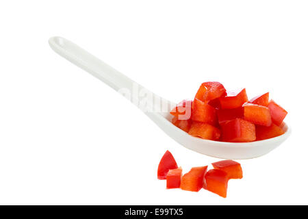 Chopped red Bell Pepper in white spoon isolated on white background Stock Photo