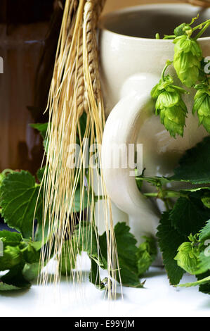 Beer with Barley and Hops Stock Photo