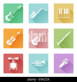 Musical instrument music icons including ones for clarinet, guitar, piano and many more Stock Photo