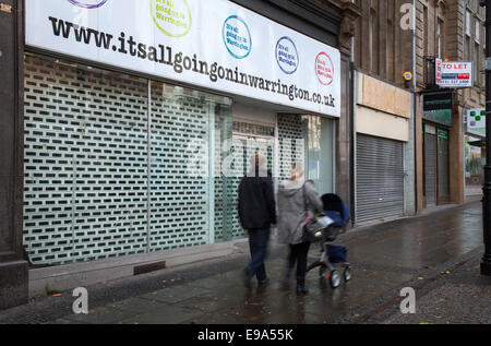 'It's all Going on in Warrington.' Website address as Warrington Borough Council propose to regenerate the Bridge Street Quarter.  The proposed development will transform the Bridge Street area into a vibrant new commercial part of the town centre providing a new market hall, cinema, restaurants, offices and a new public square. The existing business & shopping centre has seen a significant decline in trade over recent years.2014. Stock Photo