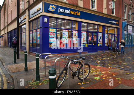 Poundworld store Bridge Street, Warrington, Cheshire.  Warrington Borough Council propose to regenerate the Bridge Street Quarter.  The proposed development will transform the Bridge Street area into a vibrant new commercial part of the town centre providing a new market hall, cinema, restaurants, offices and a new public square. The existing shopping centre has seen a significant decline in trade over recent years. Stock Photo