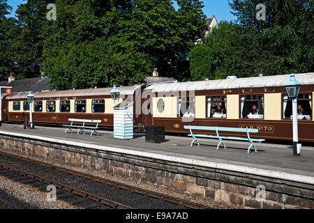 Pullman train restaurant dining coaches coach carriage at Grosmont Station North Yorkshire Moors Railway North Yorkshire England UK United Kingdom Stock Photo