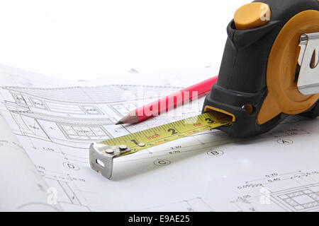 tools with construction blueprint Stock Photo