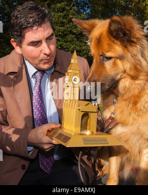 London, October 23rd 2014. Organised by the Dogs Trust and the Kennel Club, politicians  and their pooches gather outside Parliament for the 22nd Westminster Dog of the Year competition, aimed at raising awareness of dog welfare in the UK where the Dogs Trust cares for over 16,000 stray and abandoned dogs annually. PICTURED: Winners Diesel and Rob Flello MP (Stoke-on-Trent South) examine their Westminster Dog of the Year trophy. Credit:  Paul Davey/Alamy Live News Stock Photo
