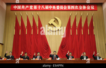 Beijing, China. 23rd Oct, 2014. Chinese leaders Xi Jinping, Li Keqiang, Zhang Dejiang, Yu Zhengsheng, Liu Yunshan, Wang Qishan and Zhang Gaoli attend the Fourth Plenary Session of the 18th Central Committee of the Communist Party of China (CPC) in Beijing, capital of China. The session was held here from Oct. 20 to 23. Credit:  Lan Hongguang/Xinhua/Alamy Live News Stock Photo