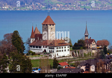 piez Church with Lake of Thun Switzerland Stock Photo