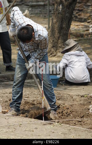 Archaeological dig conducted by young Thai on the site of Ayutthaya is a World Heritage Site by UNESCO. Stock Photo