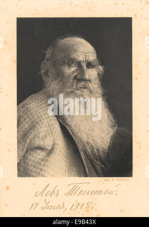 Portrait of the great Russian writer Leo Tolstoy and a copy of his signature under the photo, 1908. Stock Photo