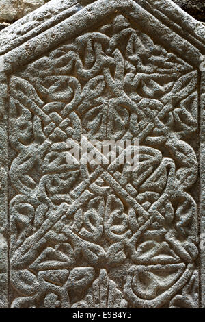 Celtic inspired grave slab in Keills Chapel on Knapdale 5 miles southwest of Tayvallich, Argyll & Bute, Scotland UK Stock Photo
