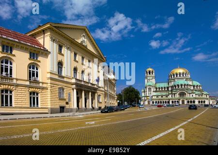 Bulgarian Academy of Science and Alexander Nevsky Cathedral Church on the Yellow Road in Sofia, Bulgaria Stock Photo