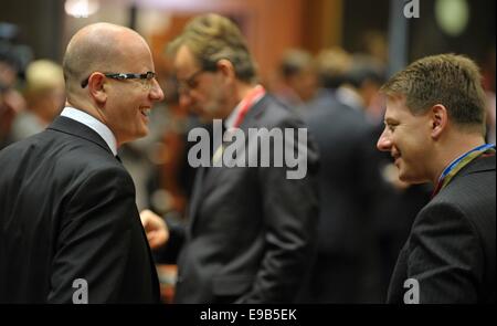 Brussels, Belgium. 23rd Oct, 2014. The climate-energy package is the major topic of the two-day EU summit starting today on Thursday, October 23, 2014 in Brussels, Belgium. Czech Prime Minister Bohuslav Sobotka (left) and Czech secretary for European affairs Tomas Prouza.  Credit:  Jakub Dospiva/CTK/Alamy Live News Stock Photo