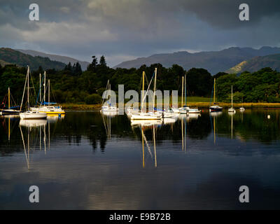 Boats moored at Ambleside on Lake Windermere in the Lake District National Park in Cumbria England UK Stock Photo