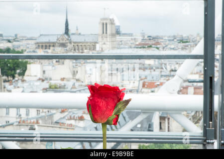 Romantic, date,setting, with red, roses, on tables, at this cafe, /restaurant, on the top of The Pompidou, Centre,Paris,France. Stock Photo