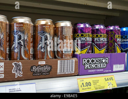 Energy drinks in a UK supermarket Stock Photo