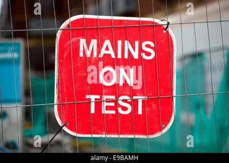 Mains on Test  Sign in Warrington Town Centre, Lancashire, UK Stock Photo