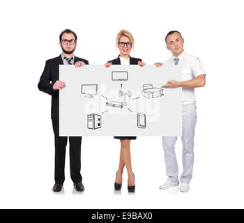 businesspeople holding blackboard  with drawing computer network Stock Photo