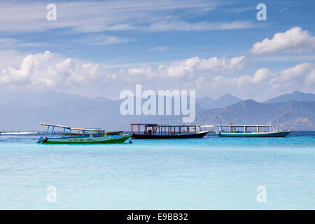 Boats on blue sea, 'Gili Trawangan', 'Gili Islands', Lombok, Indonesia Stock Photo