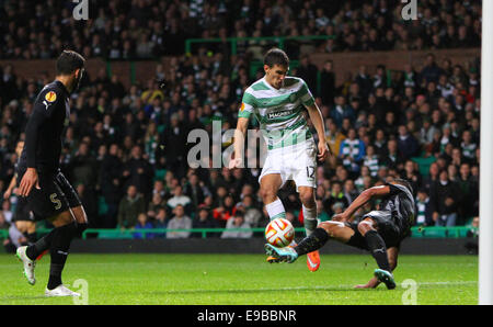 Glasgow, Scotland. 23rd Oct, 2014. UEFA Europa League. Celtic versus Astra Giurgiu. Stefan Scepovic is caught late in the box Credit:  Action Plus Sports/Alamy Live News Stock Photo