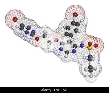 Macitentan pulmonary arterial hypertension drug molecule. Belongs to Endothelin Receptor Antagonist class. Atoms are represented Stock Photo