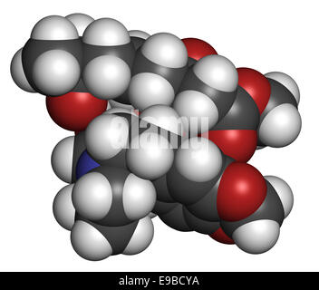 Omacetaxine mepesuccinate cancer drug molecule. Used in treatment of chronic myelogenous leukemia (CML). Atoms are represented a Stock Photo