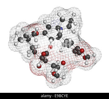 Omacetaxine mepesuccinate cancer drug molecule. Used in treatment of chronic myelogenous leukemia (CML). Atoms are represented a Stock Photo