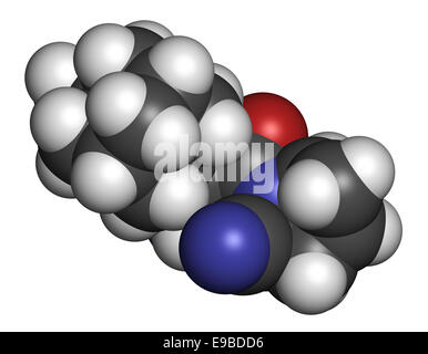 Saxagliptin diabetes drug molecule. Inhibitor of dipeptidyl peptidase-4 (DPP4). Atoms are represented as spheres with convention Stock Photo