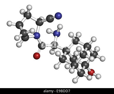 Saxagliptin diabetes drug molecule. Inhibitor of dipeptidyl peptidase-4 (DPP4). Atoms are represented as spheres with convention Stock Photo
