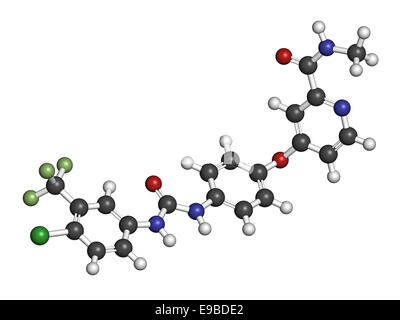 Sorafenib cancer drug molecule. Tyrosine kinase inhibitor (TKI). Atoms are represented as spheres with conventional color coding Stock Photo