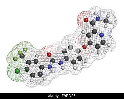 Sorafenib cancer drug molecule. Tyrosine kinase inhibitor (TKI). Atoms are represented as spheres with conventional color coding Stock Photo