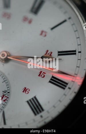 Ravensburg, Germany. 23rd Oct, 2014. A red laserpointer marks one of the hands of an antique pocket watch in Ravensburg, Germany, 23 October 2014. Clocks are going to be turned back by one hour to wintertime on 26 October 2014. Photo: Felix Kaestle/dpa/Alamy Live News Stock Photo