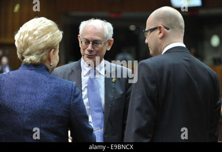 Brussels. 24th Oct, 2014. Outgoing European Council President Herman Van Rompuy (C) talks with Lithuania President Dalia Grybauskaite (L) and Czech Prime Minister Bohuslav Sobotka (R) prior to a roundtable meeting during an EU Summit at the EU Council headquaters in Brussels, Belgium, Oct.24, 2014. Credit:  Ye Pingfan/Xinhua/Alamy Live News Stock Photo