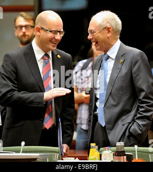 Herman Van Rompuy, President of the European Council (right) is talking to Czech Prime Minister Bohuslav Sobotka (left) during EU Summit in Brussels. This is the last summit for Herman Van Rompuy as for President of the European Council. Former Polish Prime Minister Donald Tusk will take over his position from December. Belgium, October 24, 2014. (CTK Photo/Jakub Dospiva) Stock Photo