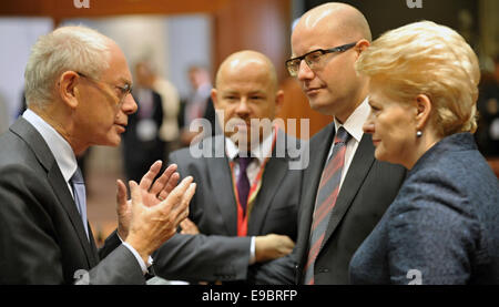 Herman Van Rompuy, President of the European Council (left) is talking to Czech Prime Minister Bohuslav Sobotka (second from right) and Lithuanian President Dalia Grybauskaite during EU Summit in Brussels. This is the last summit for Herman Van Rompuy as for President of the European Council. Former Polish Prime Minister Donald Tusk will take over his position from December. Belgium, October 24, 2014. (CTK Photo/Jakub Dospiva) Stock Photo