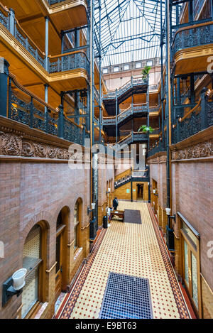 The ornate atrium of the historic Bradbury Building on Broadway in downtown Los Angeles, California, USA
