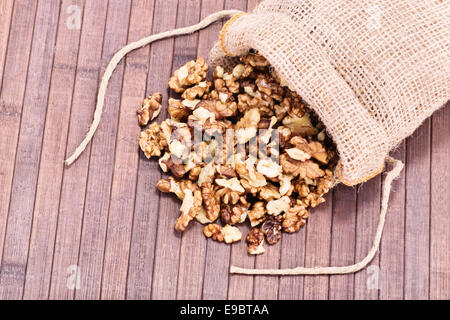 Close up shot of walnuts  in burlap sack spilled on a wooden background. Stock Photo