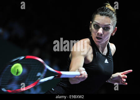 Singapore. 24th Oct, 2014. Romania's Simona Halep returns the ball during the round robin match against Serbia's Ana Ivanovic at the WTA Finals at the Singapore Indoor Stadium, Oct. 24, 2014. Credit:  Then Chih Wey/Xinhua/Alamy Live News Stock Photo