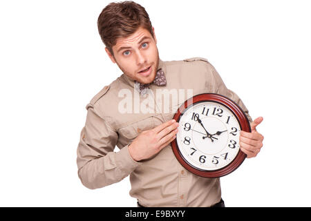 Concept for lateness, man with clock Stock Photo