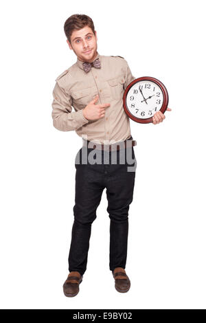 Concept for lateness, man with clock Stock Photo