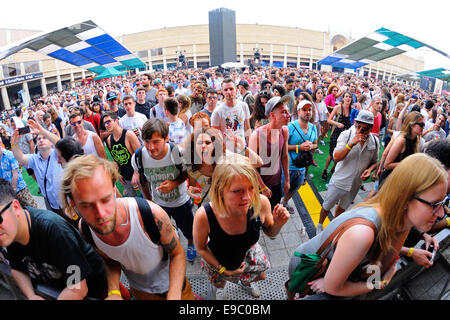 BARCELONA - JUN 12: People dance and have fun at Sonar Festival on June 12, 2014 in Barcelona, Spain. Stock Photo