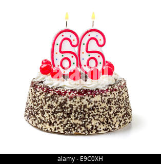Birthday cake with burning candle number 66 Stock Photo