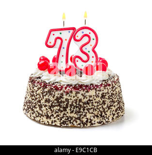 Birthday cake with burning candle number 73 Stock Photo