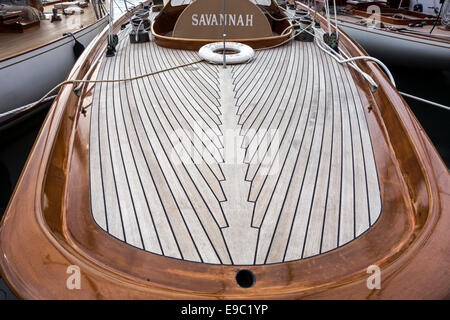 Wooden deck of sailing yacht in harbour Stock Photo