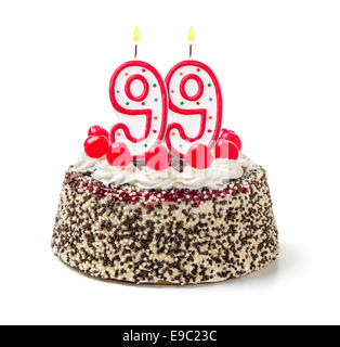 Birthday cake with burning candle number 99 Stock Photo