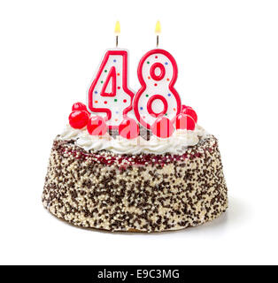 Birthday cake with burning candle number 48 Stock Photo